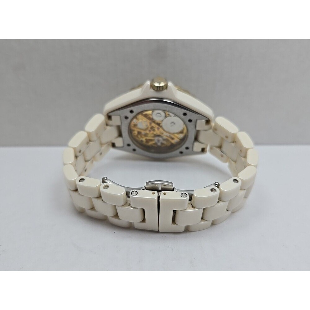 Womens Rare Adrienne Beige Ceramic Skeleton Crystal Bezel Manual Wind Watch - Picture 8 of 11